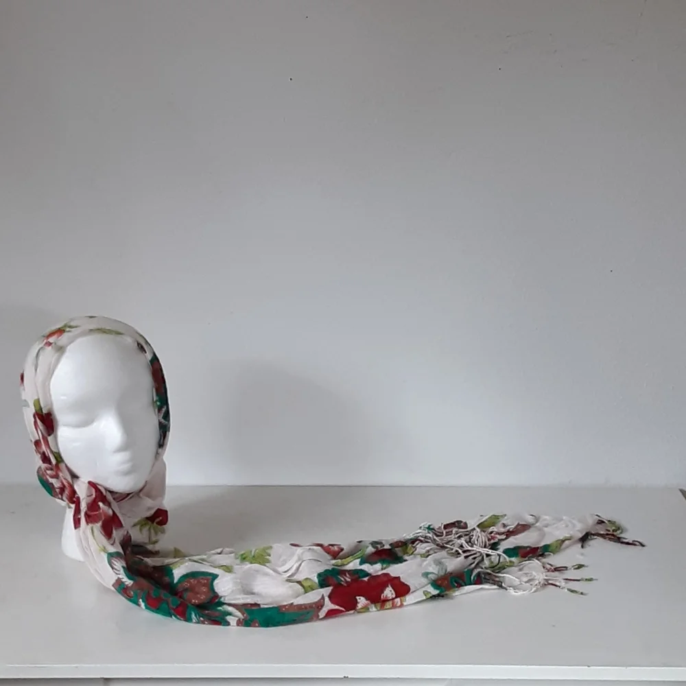 Teal, lime, red floral print on cream scarf